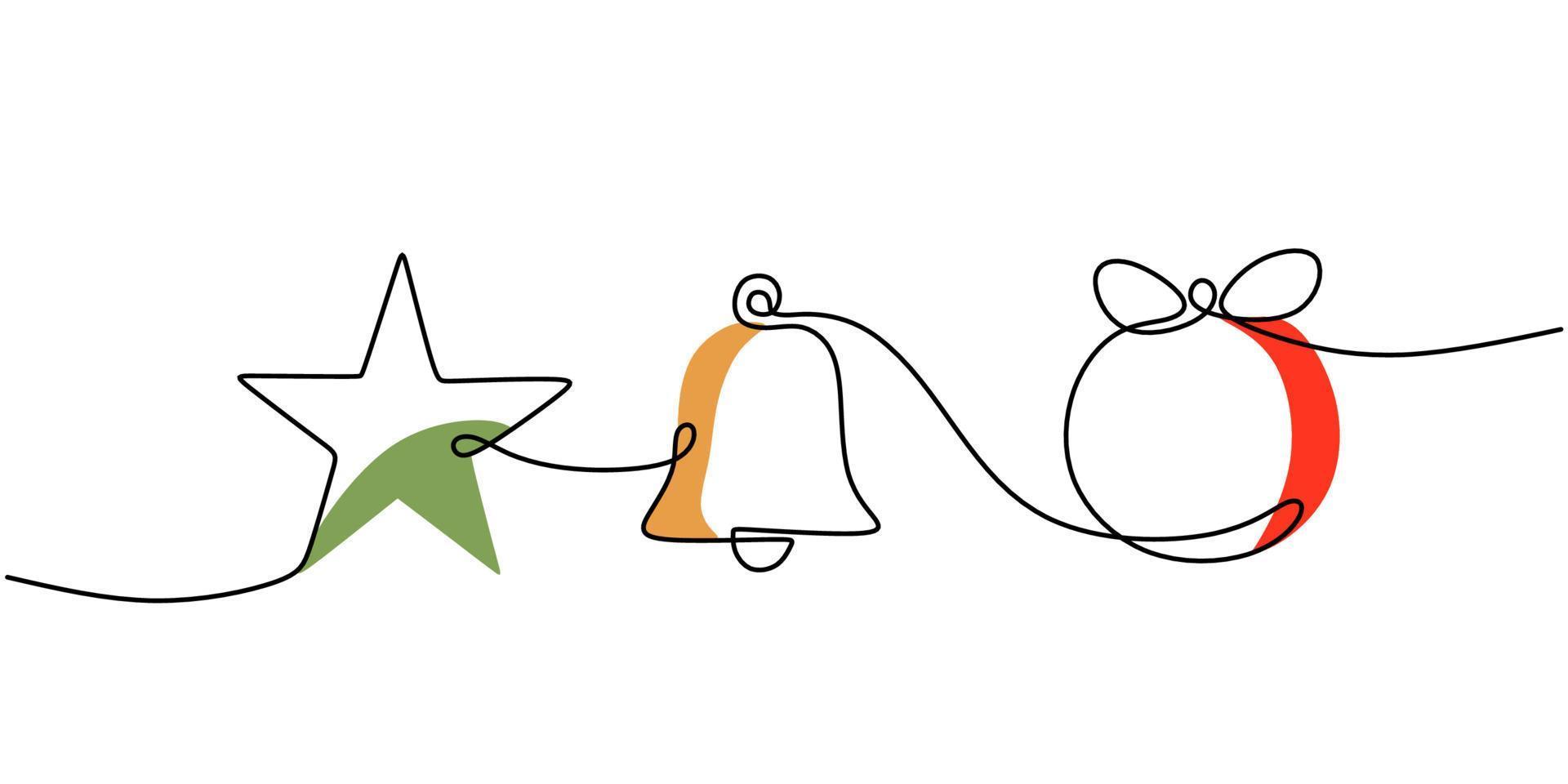 Continuous one single line of star, bell and ball for christmas vector