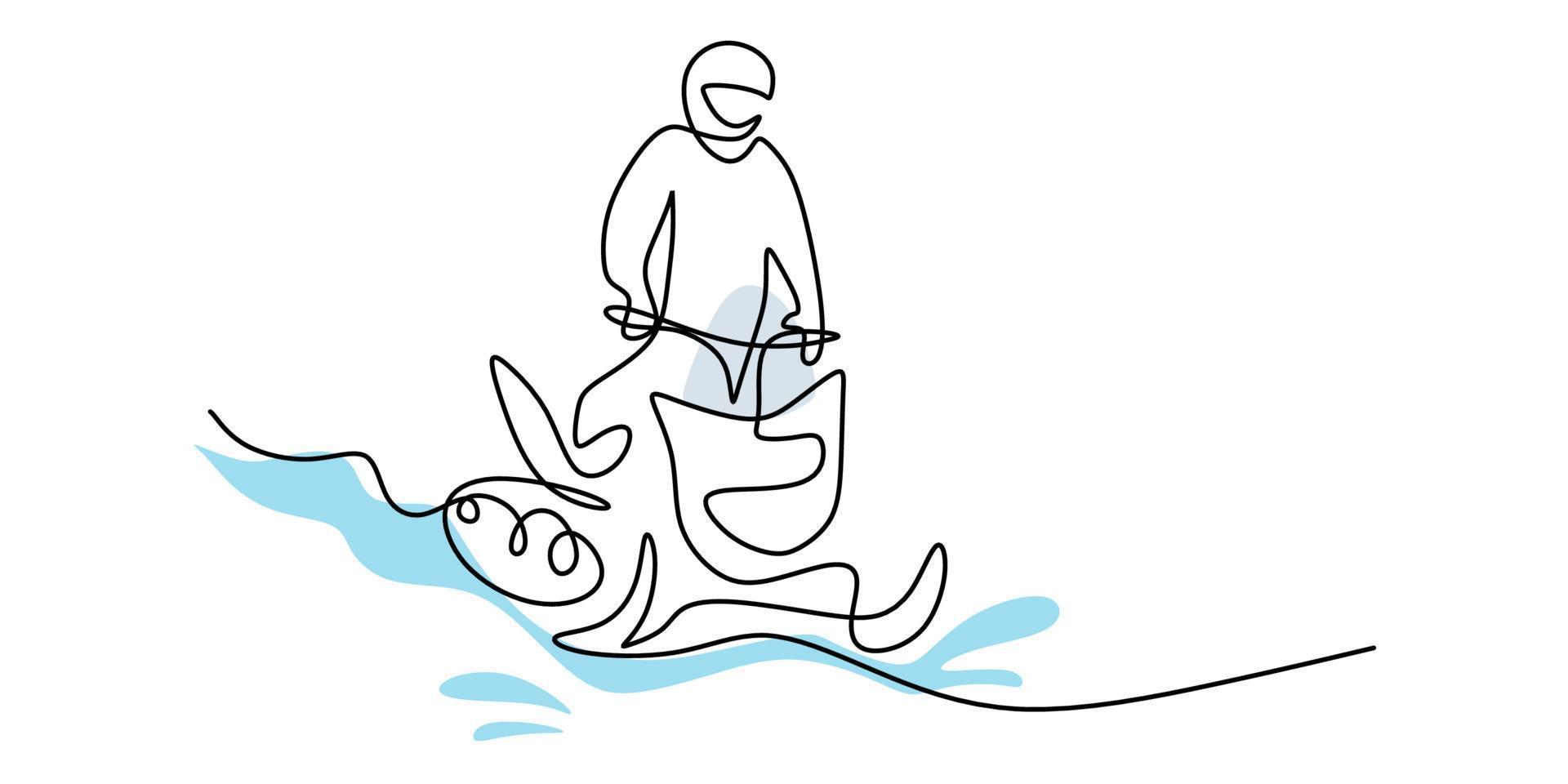 Continuous one single line of man playing snowmobile winter sport vector