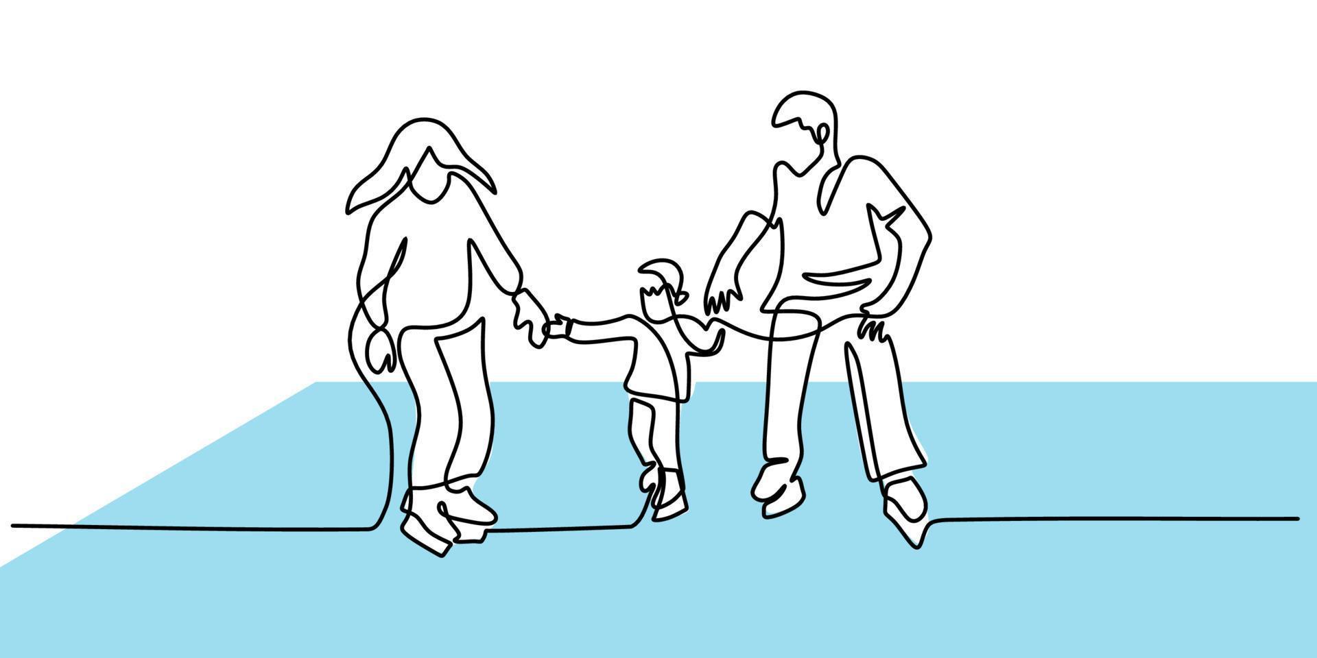 Continuous one single line of family playing ice skating winter sport vector
