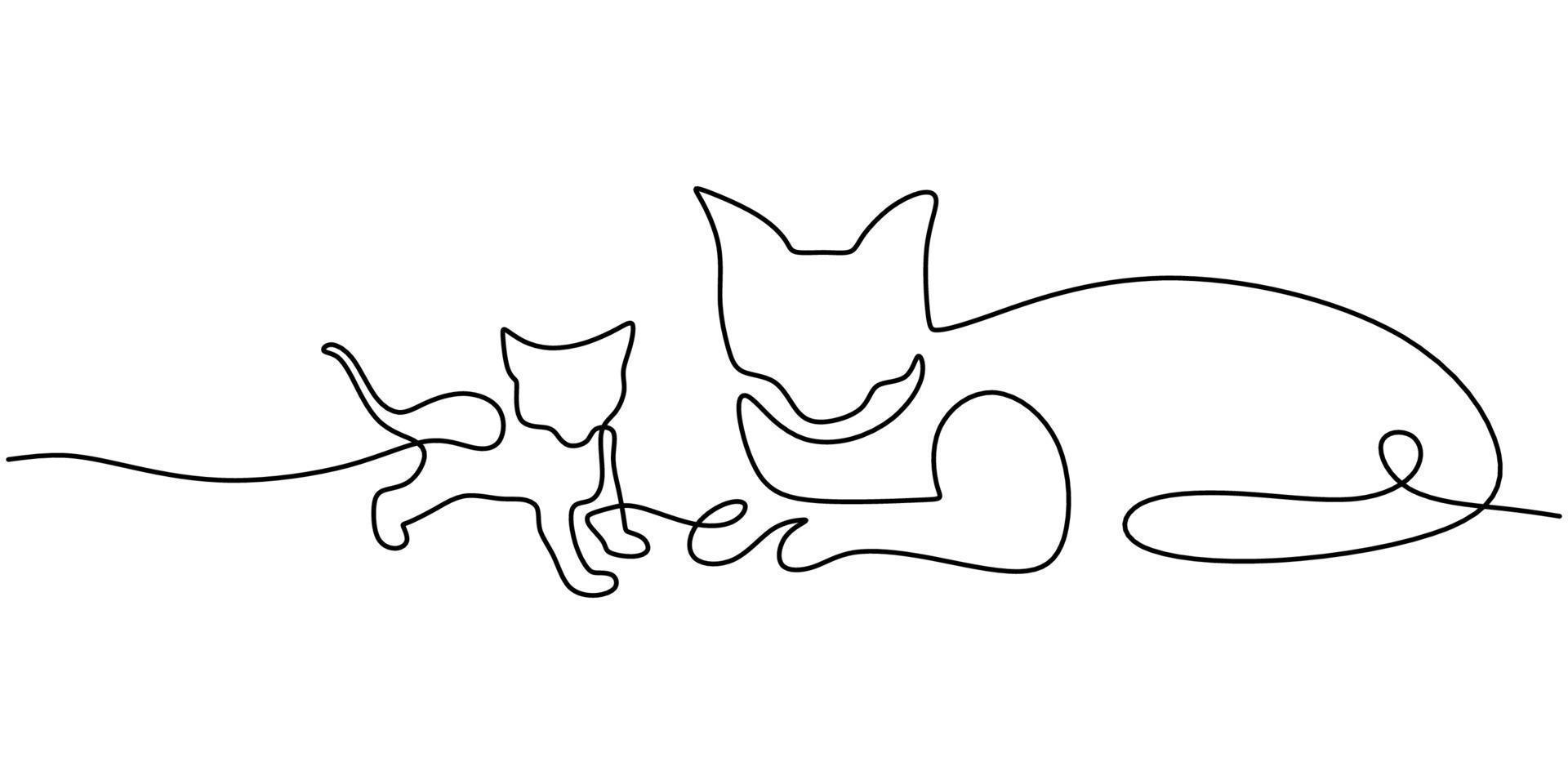 Continuous one single line of mother cat with her little cat vector