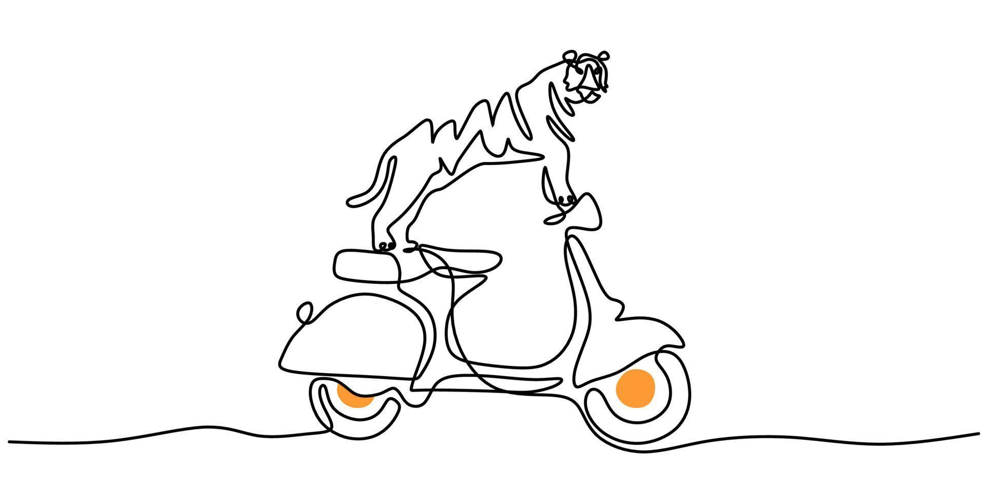 Continua una sola línea de tigre montando una motocicleta vespa clásica. vector