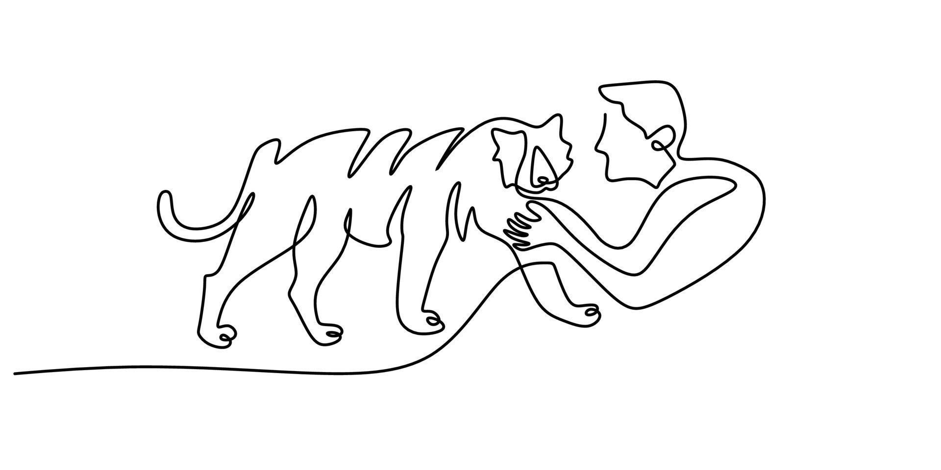 Continuous one single line of man playing with big tiger vector