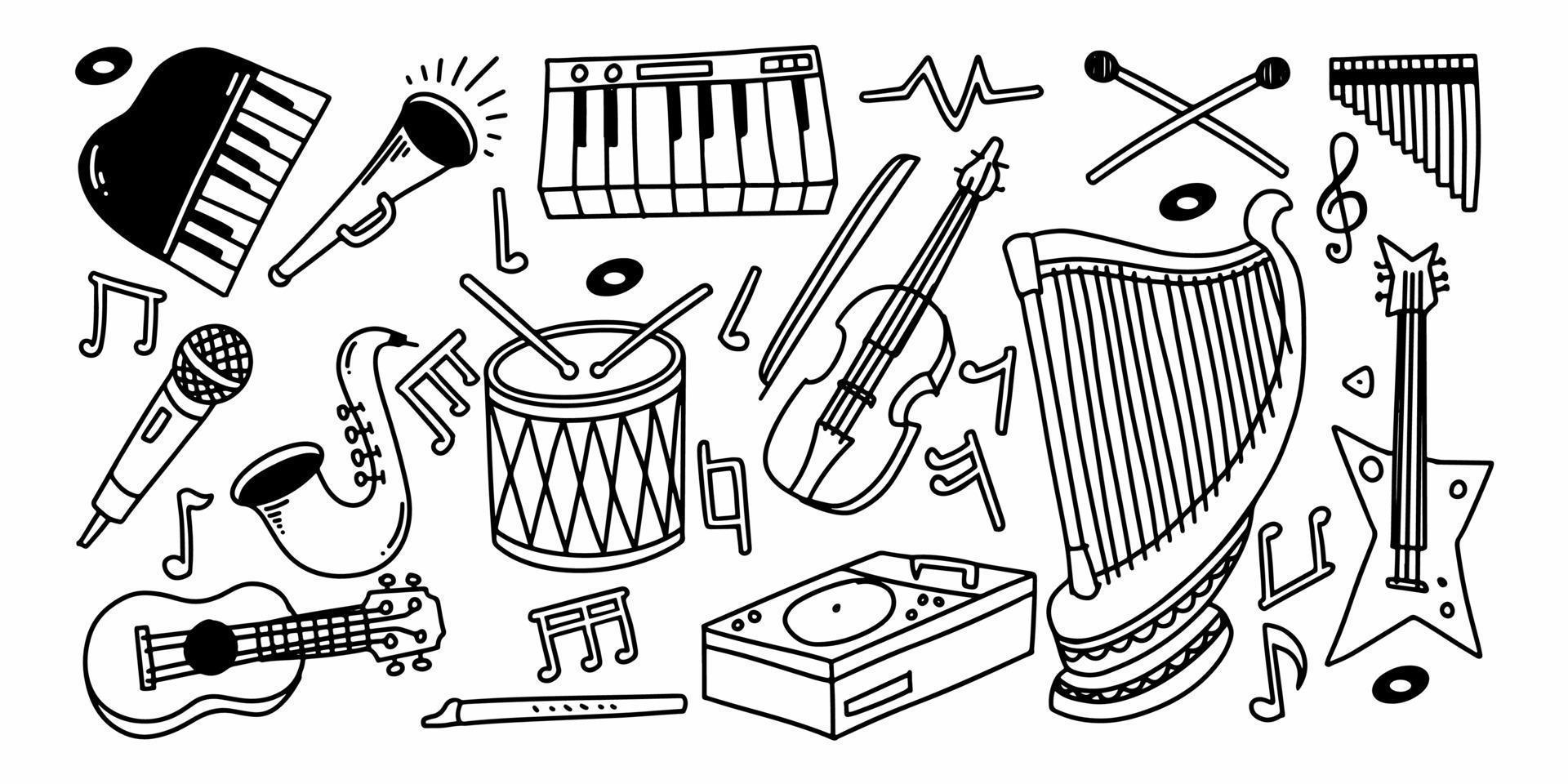 Set of acoustic music elements in childish doodle hand drawn style vector