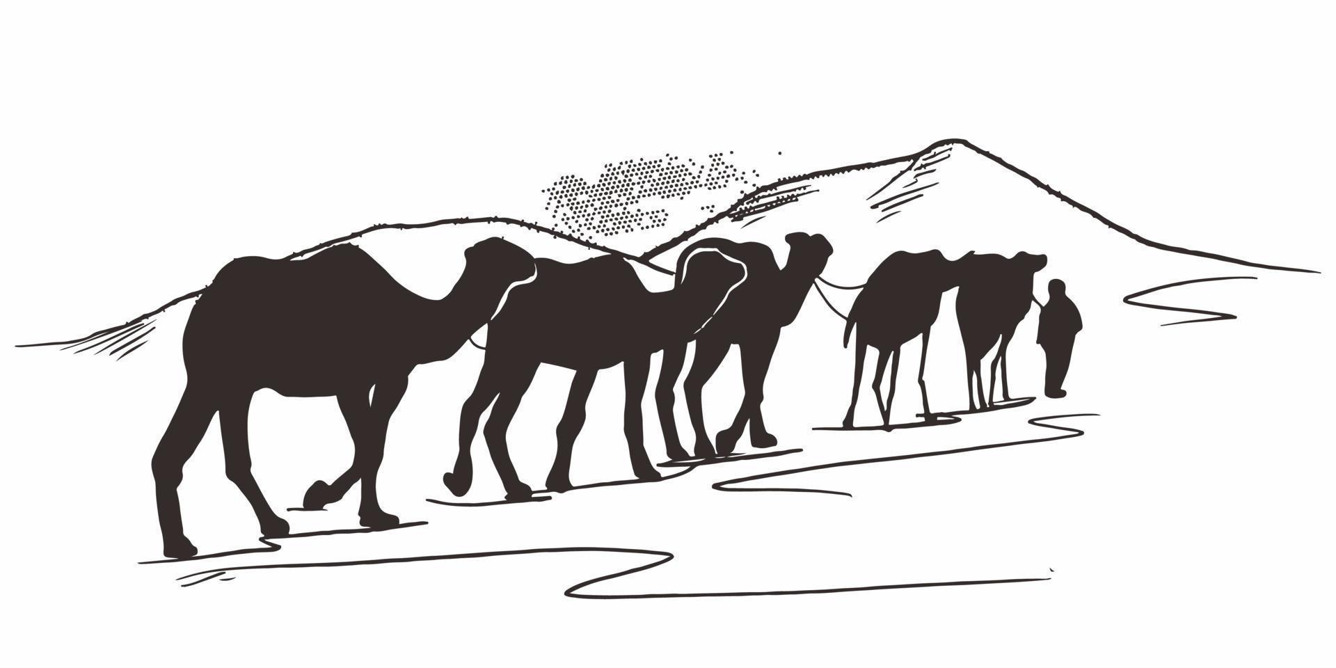 Hand drawn of Caravan with camels in desert. camel walking through the desert. Caravan going through the dunes. vector