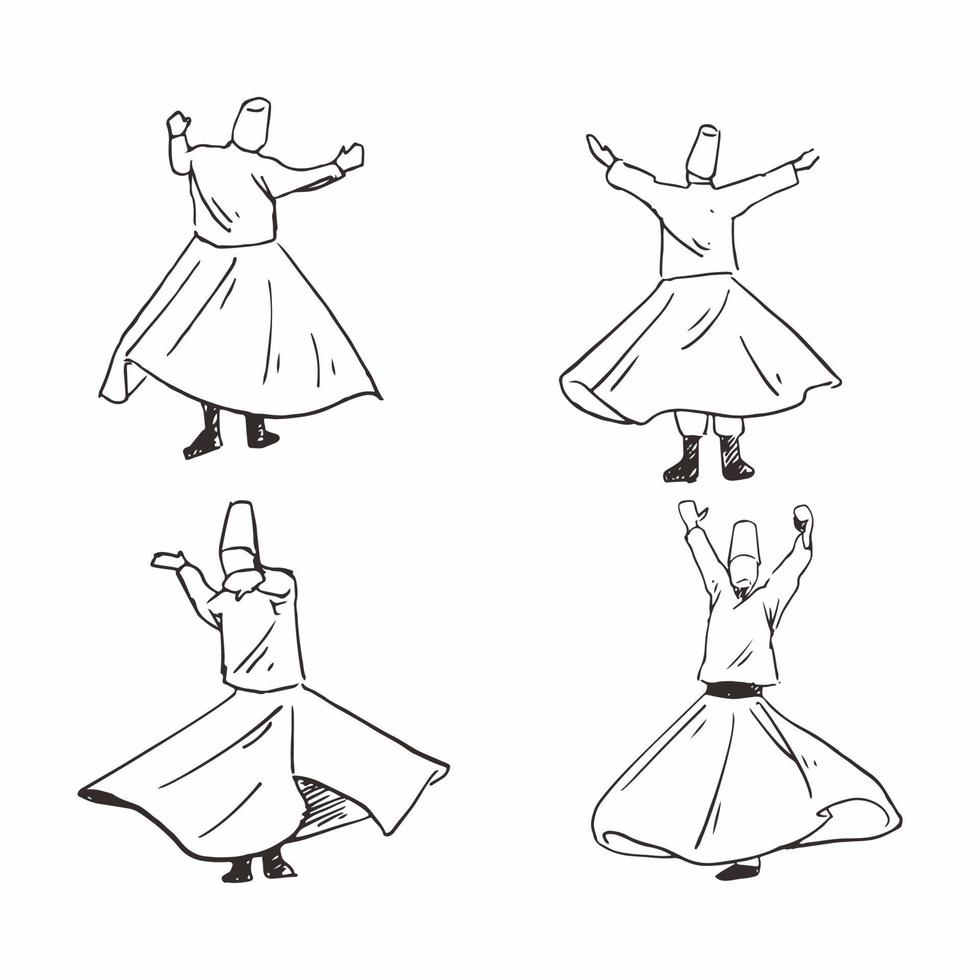 Hand drawn of Whirling dervish sufi dance isolated on white background. vector