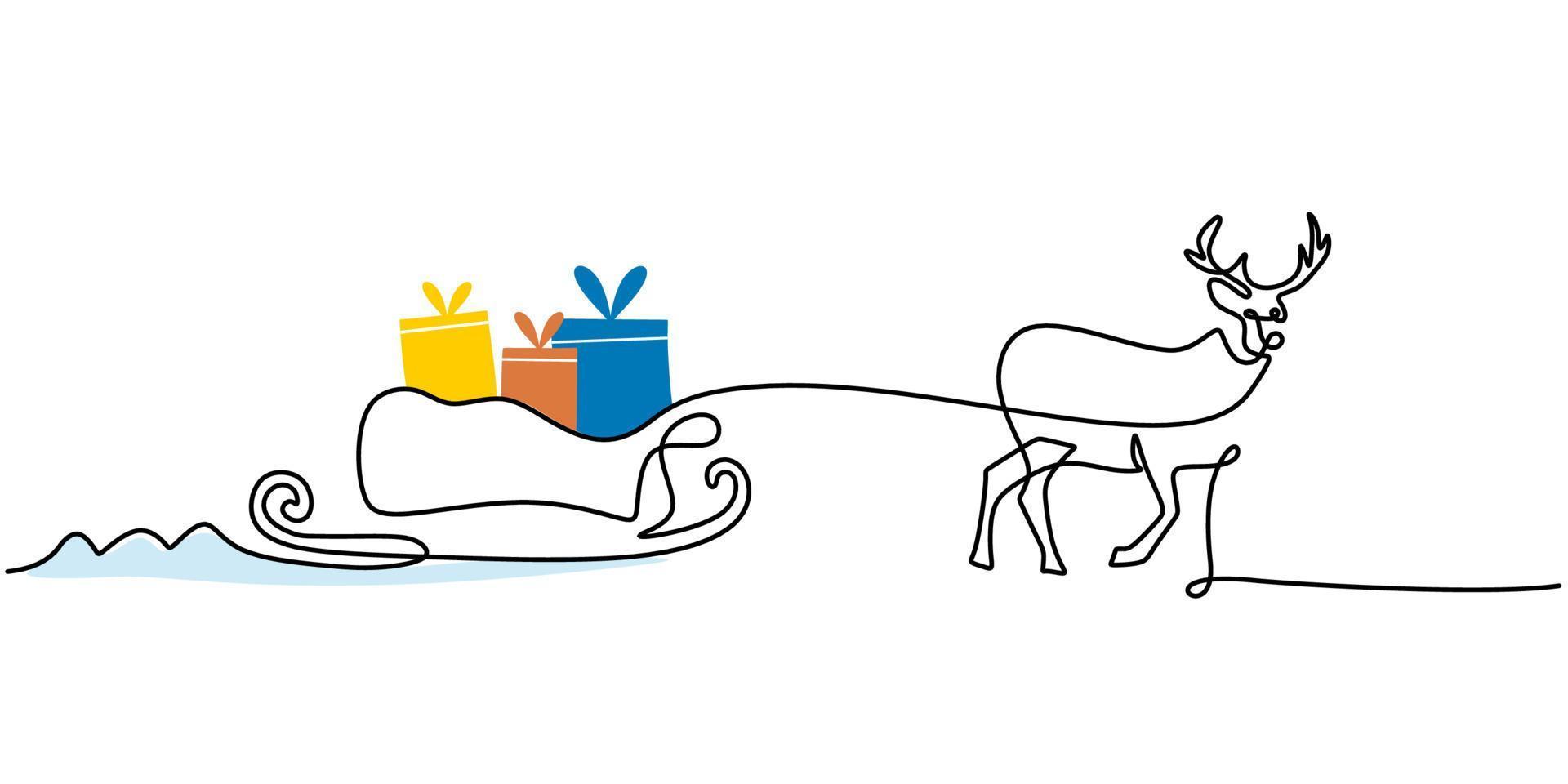 Continuous one single line of deer bring sled with christmas gift vector
