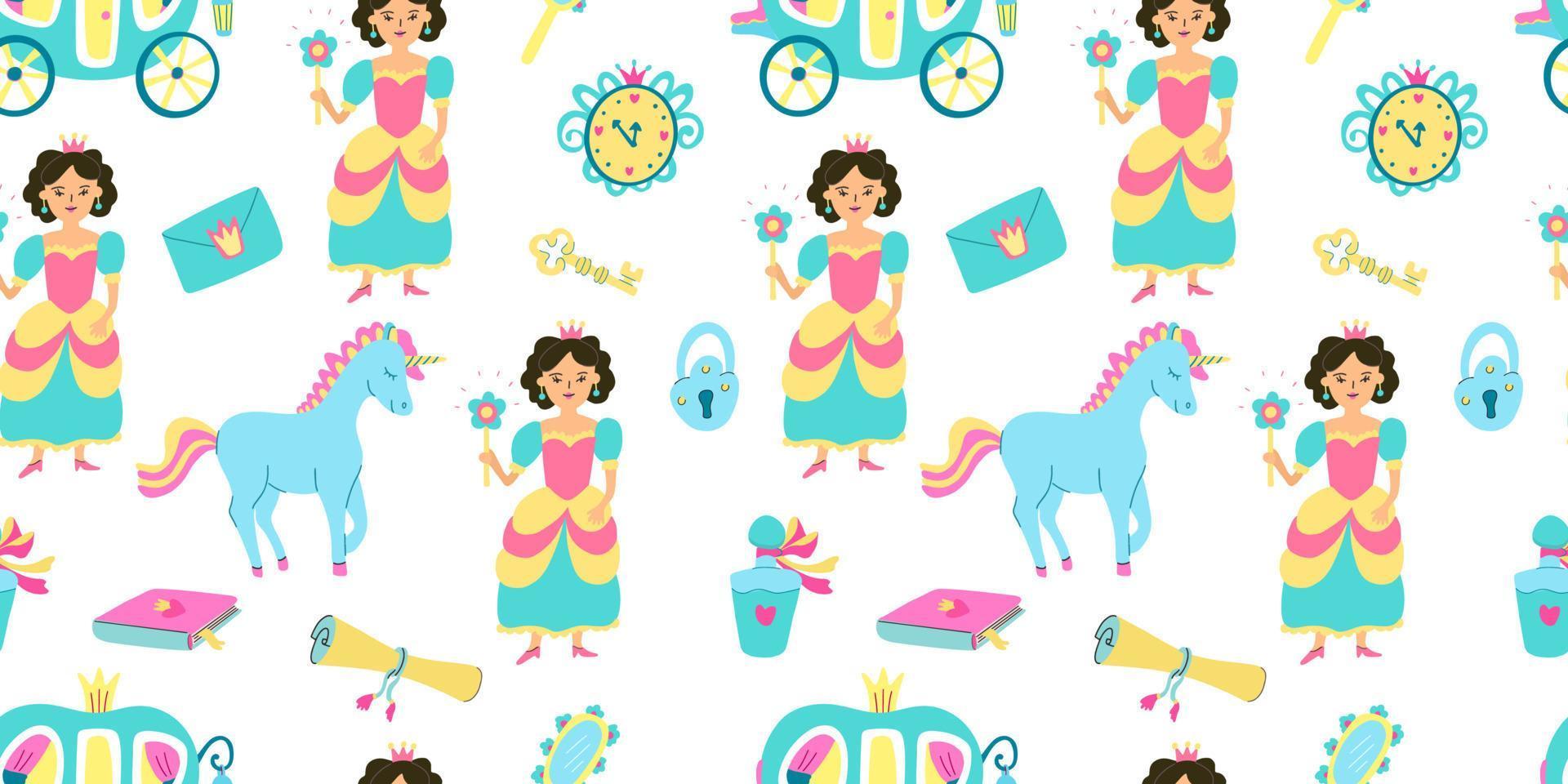 Seamless pattern with princess, carriage, unicorn. Perfume bottle, scroll, wall clock, fairytale book, hand mirror, key and padlock. Great for fabrics, wrapping paper, covers and kids design. vector