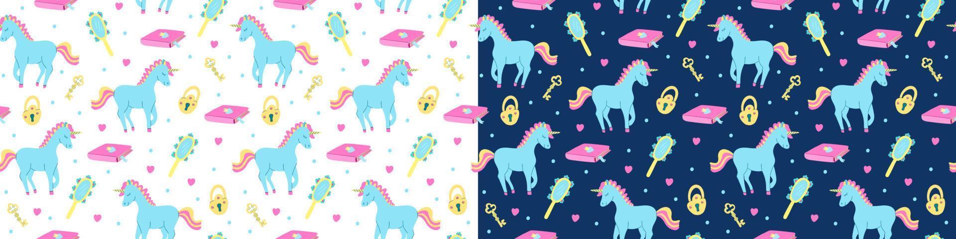 Set of seamless patterns with blue unicorns on white and deep blue. Hand mirrors, padlocks, keys, hearts, fairy books. Great for fabrics, wrapping papers, wallpapers, covers, baby clothes. vector