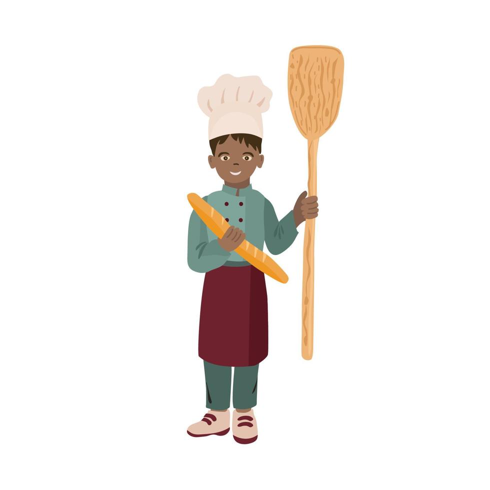 niño pequeño panadero con baguette y pala de madera ilustración vector