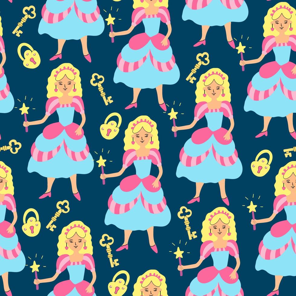 Seamless pattern with princesses, padlocks and gold keys. Great for fabrics, wrapping papers, covers and kids design. Dark background. vector