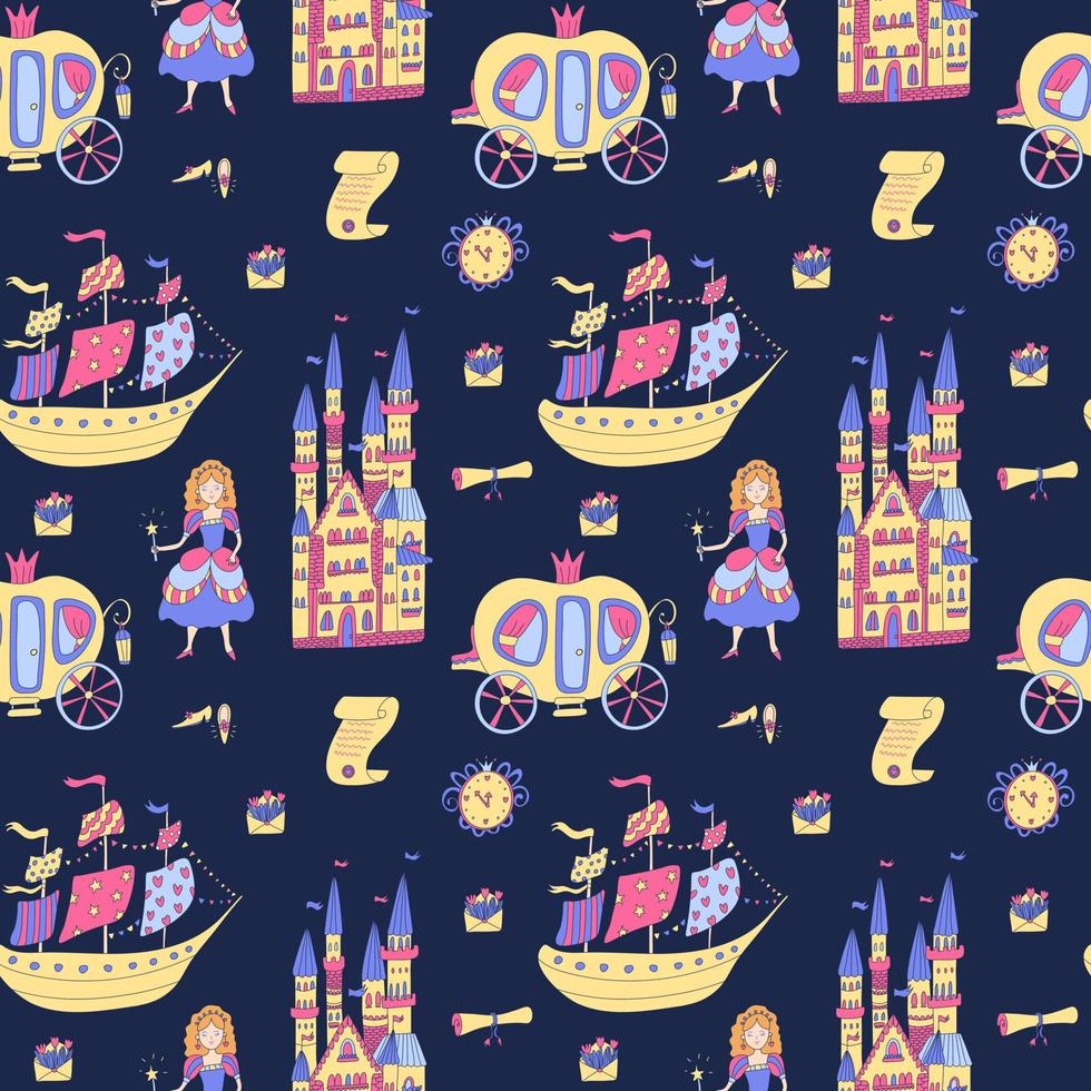 Seamless pattern with  princess stuff on deep blue. Carriages, castles, ships, scrolls, shoes, wall clocks, envelopes. Great for baby or girls fabrics, wrapping papers, wallpapers, covers. vector