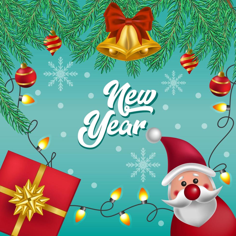 Christmas and New Year web background. Realistic fir pine lush tree. Gift box, glass balls and other holiday elements. Postcard, banner, poster, template for social networks - Vector