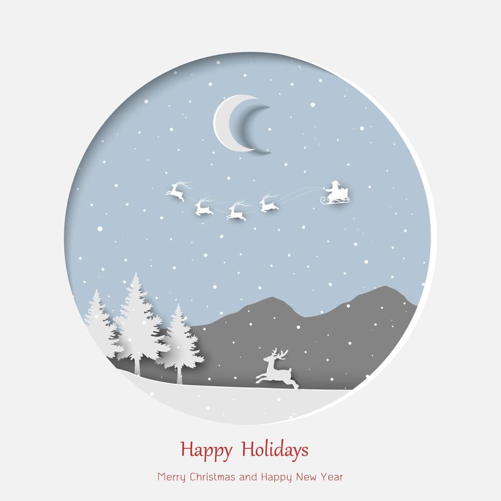 Feliz navidad y próspero año nuevo tarjeta de felicitación con bosque de invierno en la escena nocturna de fondo de arte de papel vector