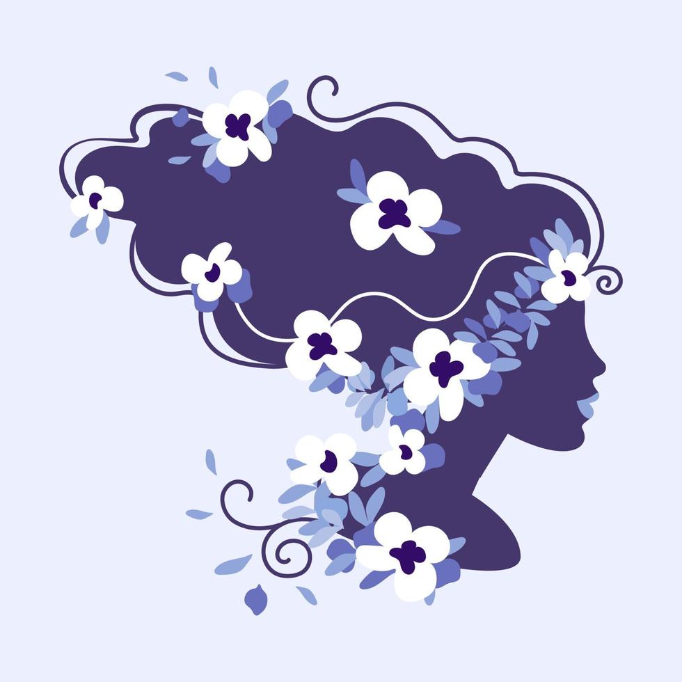 Silhouette of a girl's head with hand drawn spring flowers and leaves. Flat vector illustration. For a web banner or greeting card.