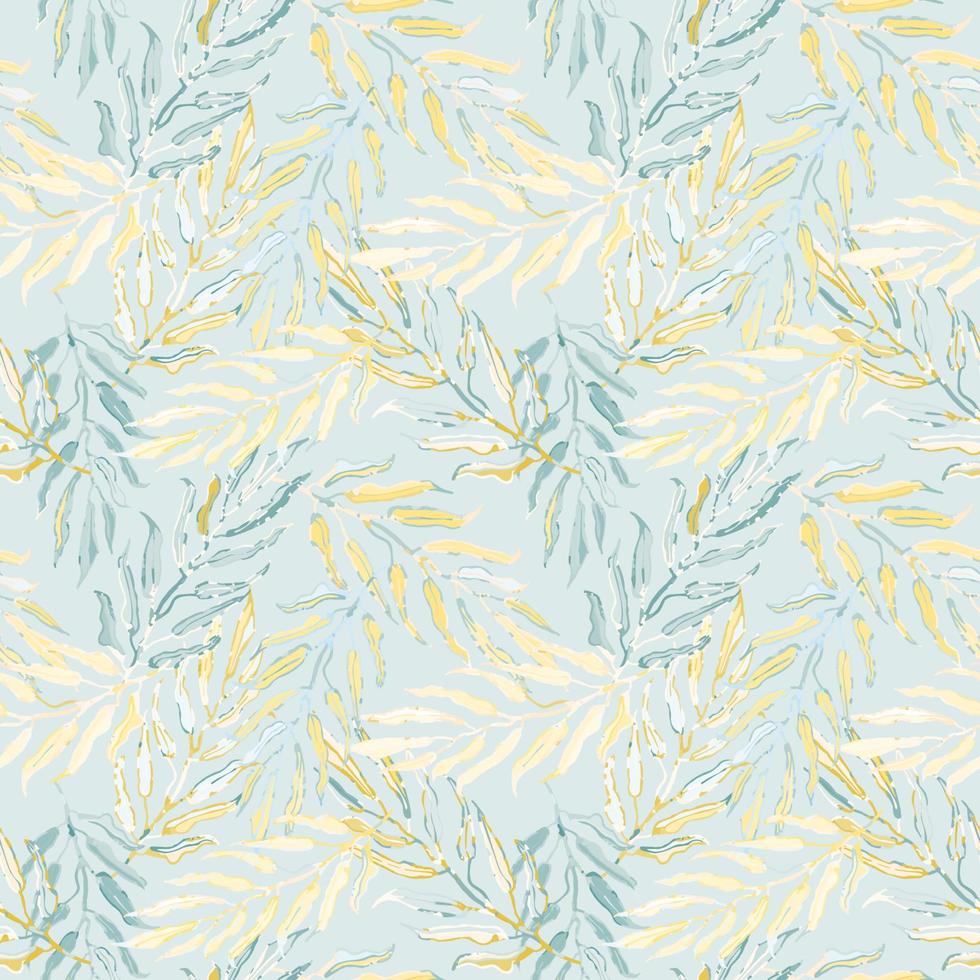 Vector seamless pattern with colorful illustration of tropical palm leaves. For wallpaper, textile print, pattern fills, web page, surface textures, wrapping paper, design of presentation