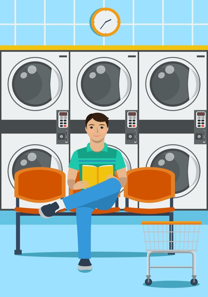 A man sits on a plastic seat, reading a book and waiting for the end of washing clothes in launderette vector