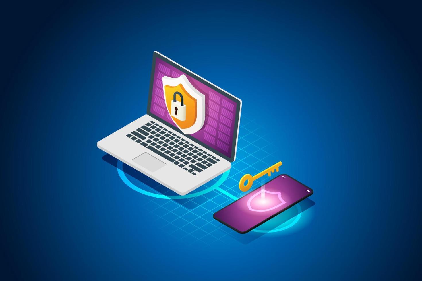 Two layers of data protection on laptops through the unlock via mobile phone. vector