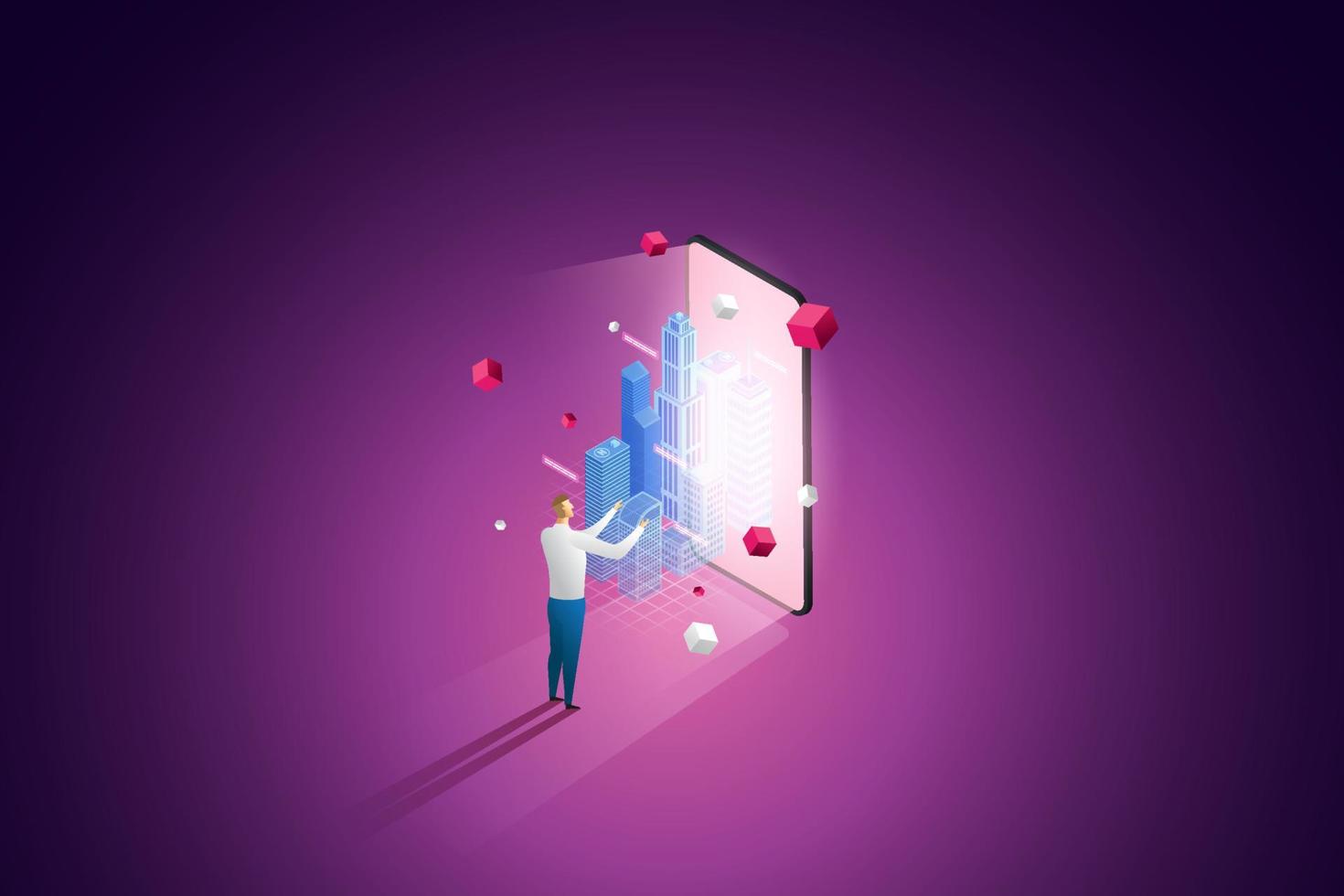 Man touching city on mobile and purple background. vector