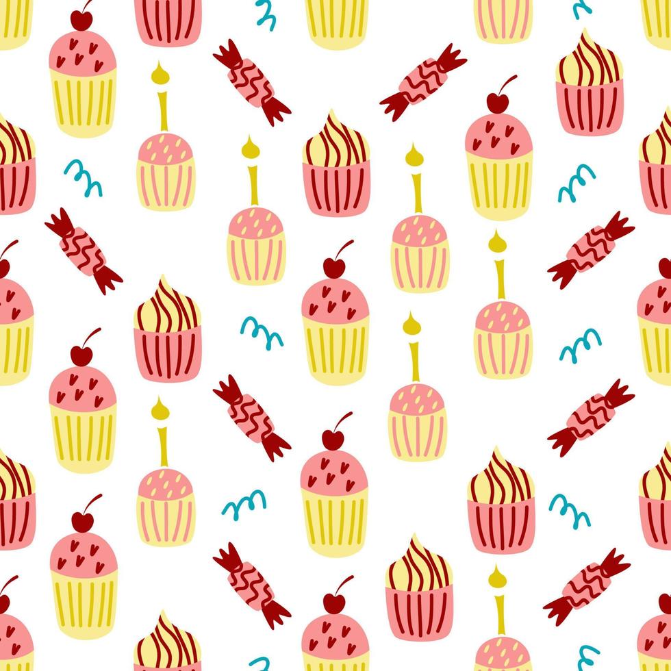 Vector seamless pattern with cute cartoon cupcakes and candies.