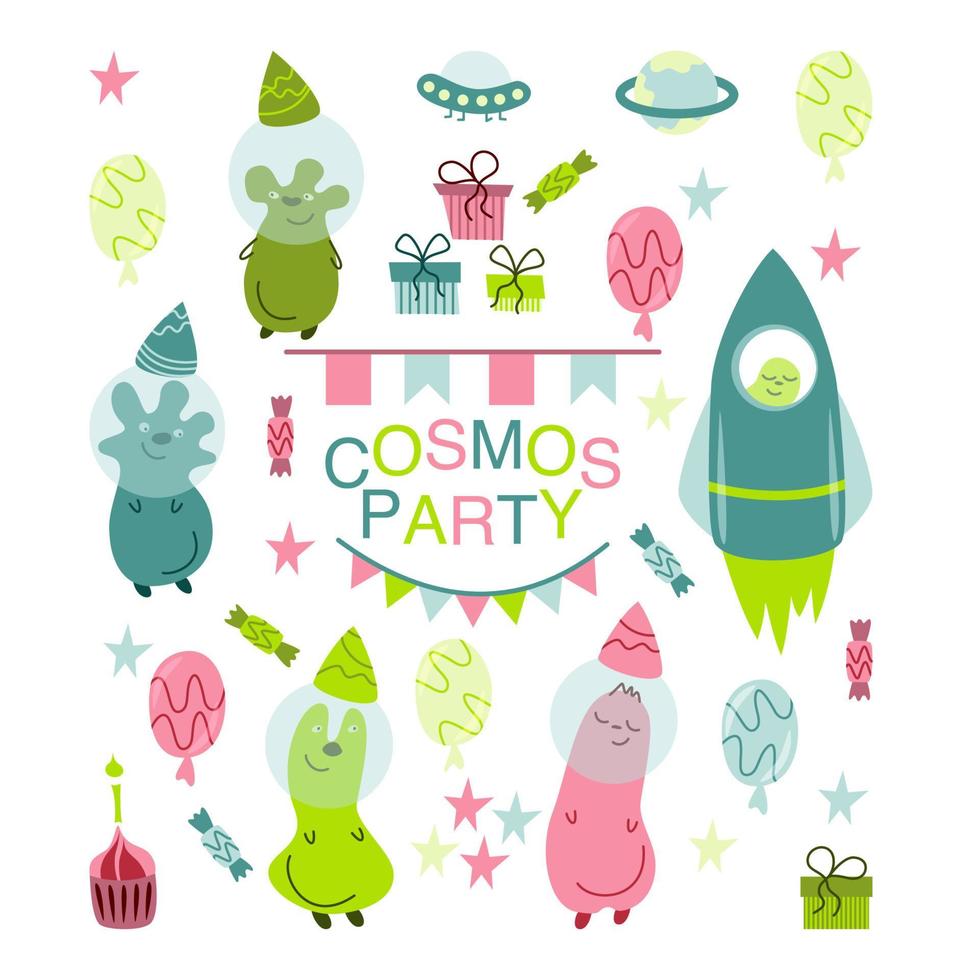 Vector children's holiday set on a space theme. Aliens, rocket, cupcake, balloons and so on.