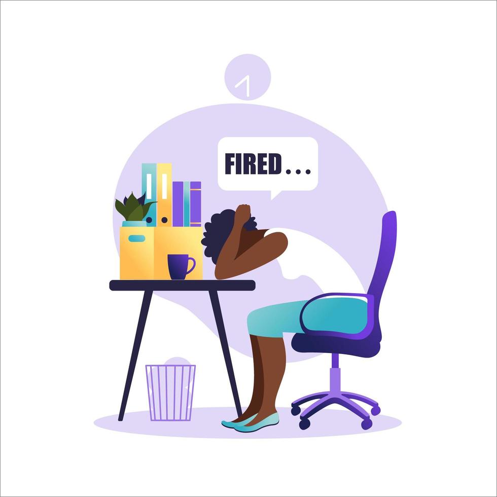 Vector illustration of firing employee. African american woman sitting with offices box with things. Unemployment concept, crisis, jobless and employee job reduction. Tears, sadness. Job loss.