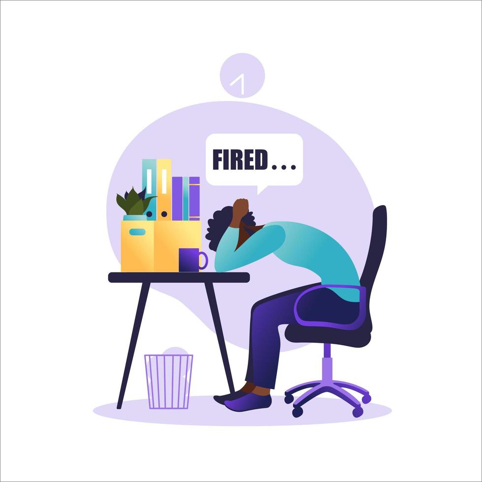 Vector illustration of firing employee. African american man sitting with offices box with things. Unemployment concept, crisis, jobless and employee job reduction. Tears, sadness. Job loss.