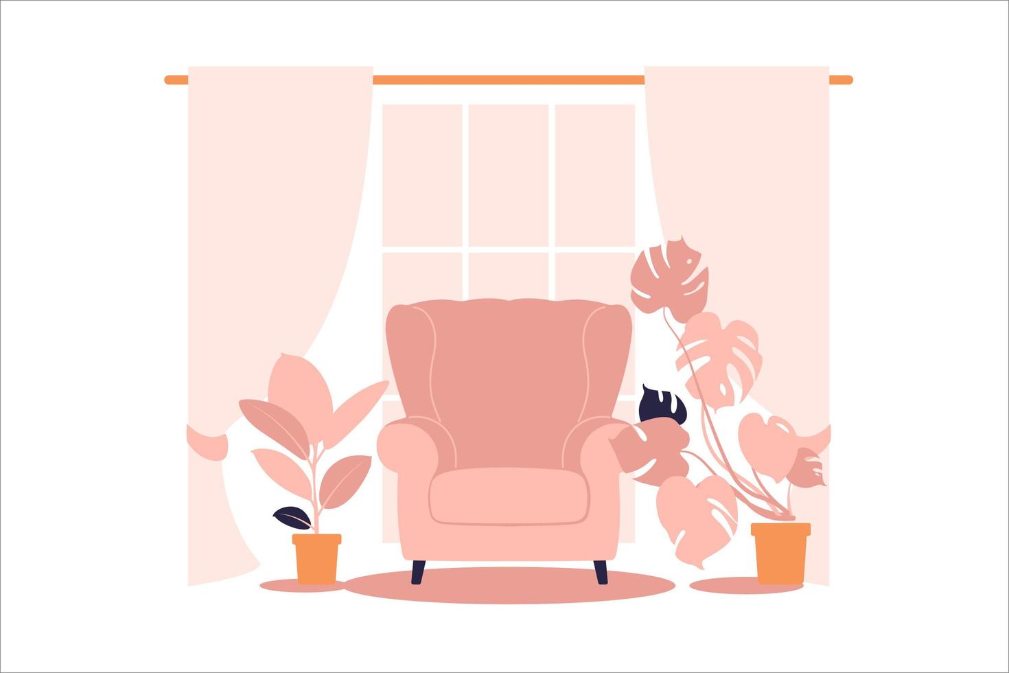 Cozy interior of a modern living room with an armchair, room plants, window and lamp. Vector illustration.