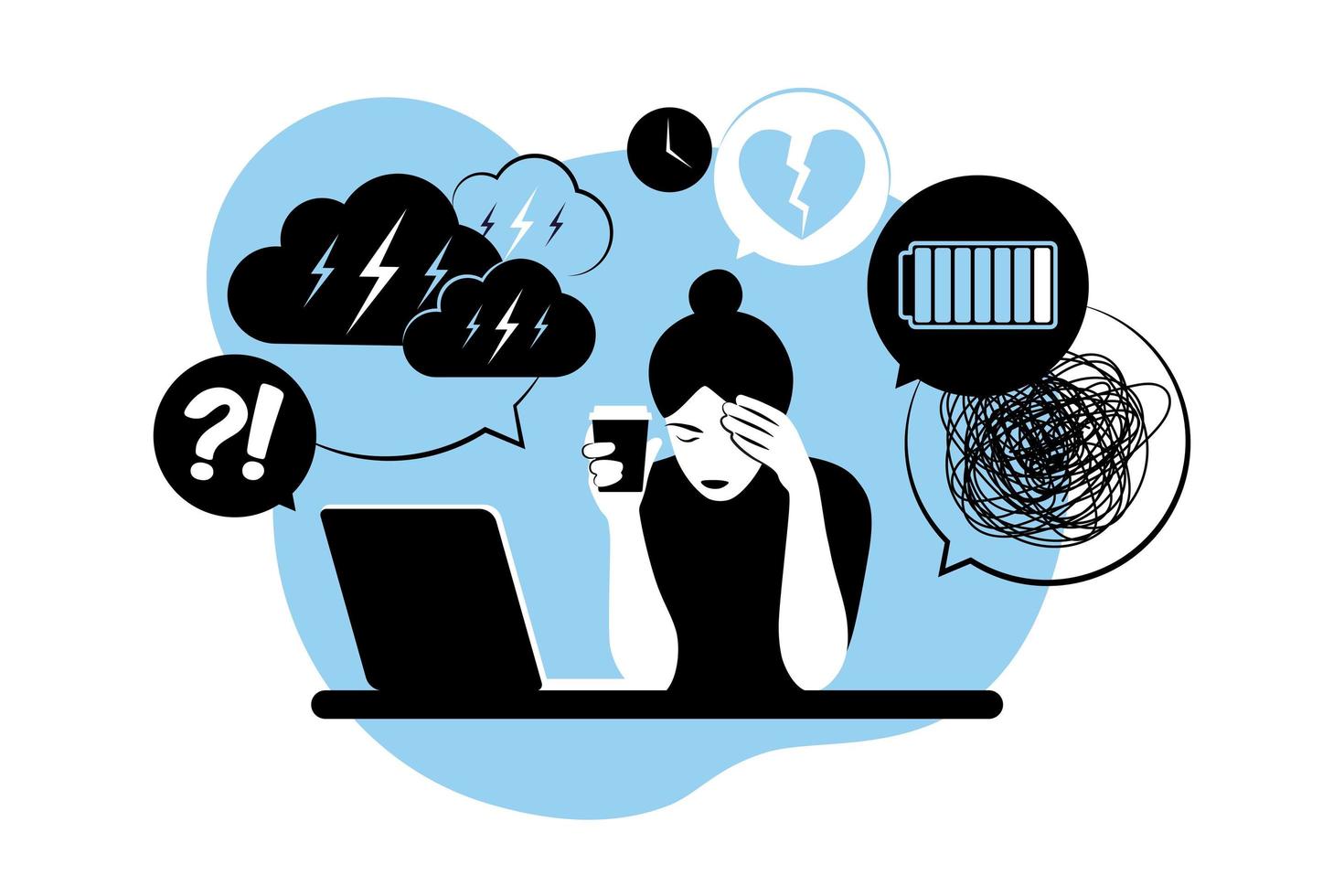 Woman in depression with bewildered thoughts in her mind. Young sad girl sitting at laptop. Vector illustration. Flat.