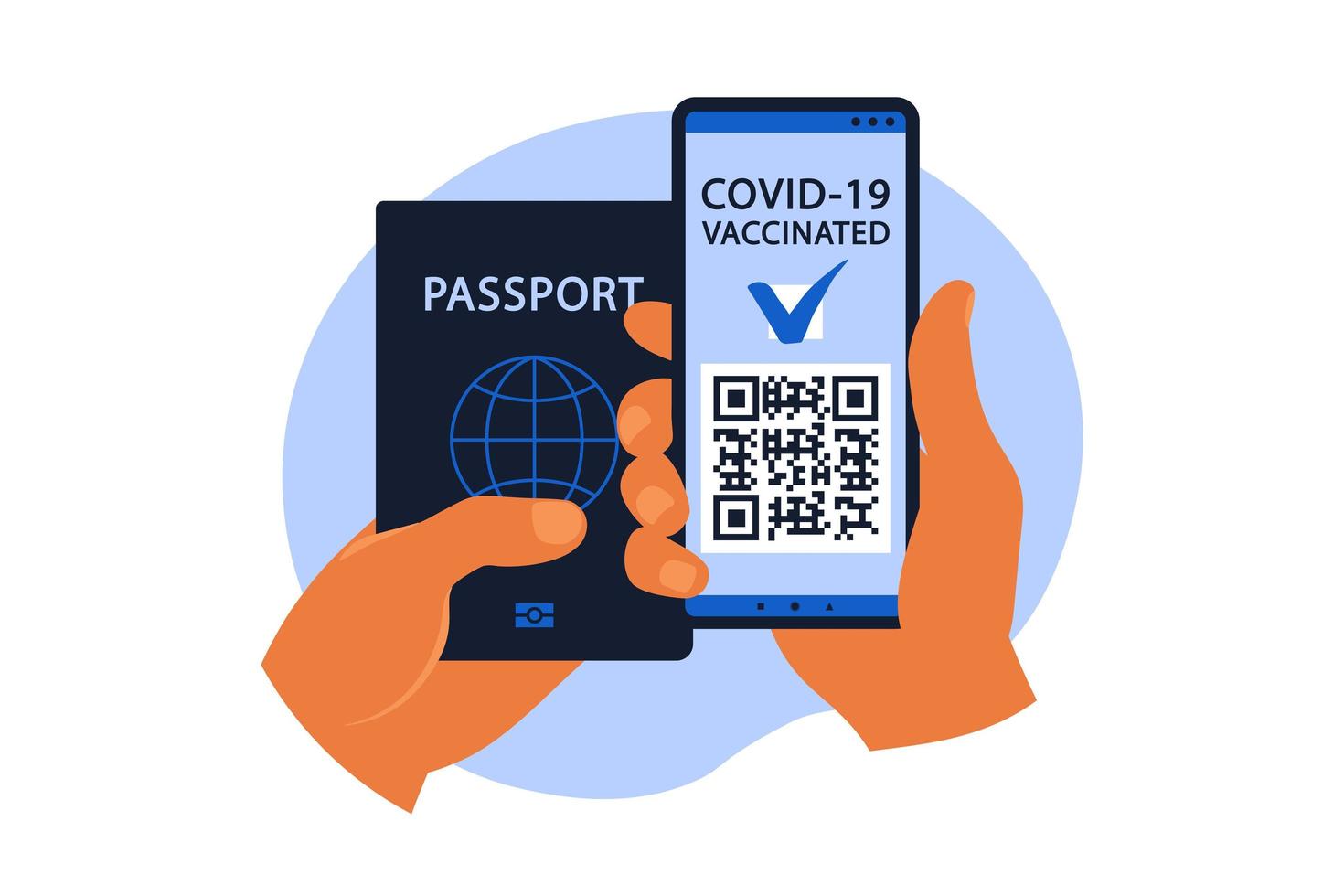 concepto de pasaporte electrónico covid-19. la persona vacunada utiliza el código qr en el teléfono móvil para viajar con seguridad durante la pandemia. ilustración vectorial. plano. vector