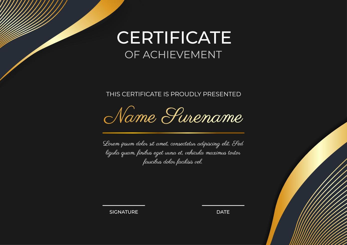 Certificate of Achievement Template, Black and Gold Color. With Premium Element and Editable vector