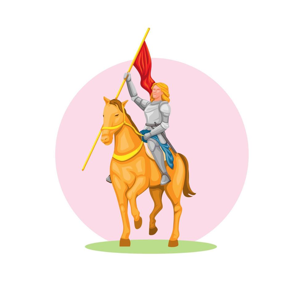 Juana de arco Francia figura de heroína legendaria montando a caballo con vector de ilustración de pose de bandera
