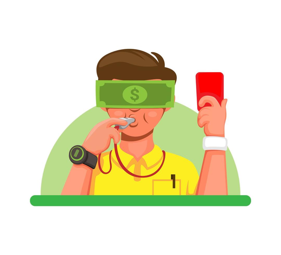 Bad referee with money on face symbol bribery, match fixing and illegal activity in sport tournament illustration vector