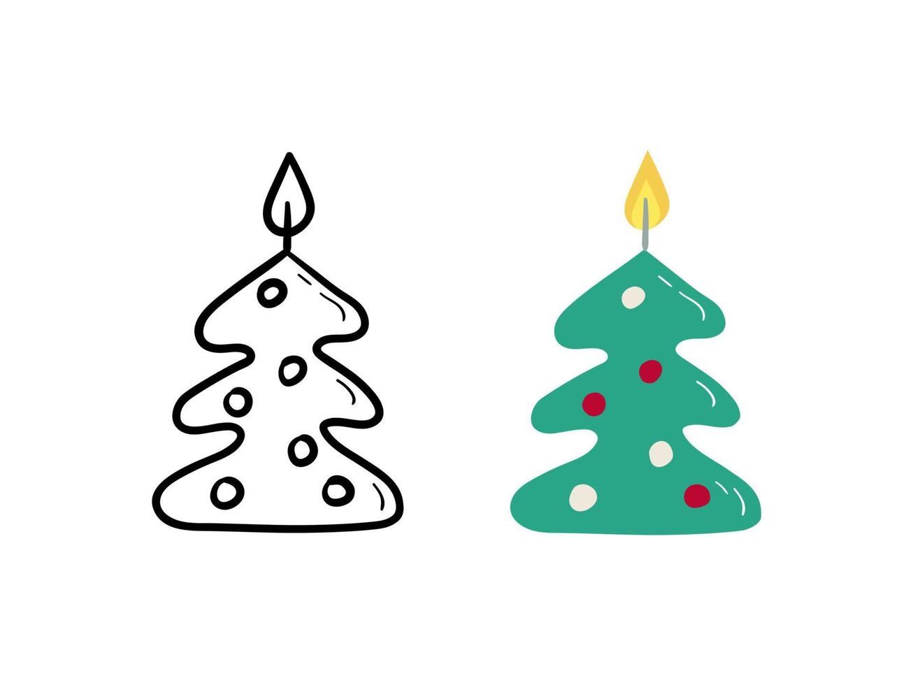 Cute vector candle in the shape of Christmas tree on white background. Hand-drawn illustration.