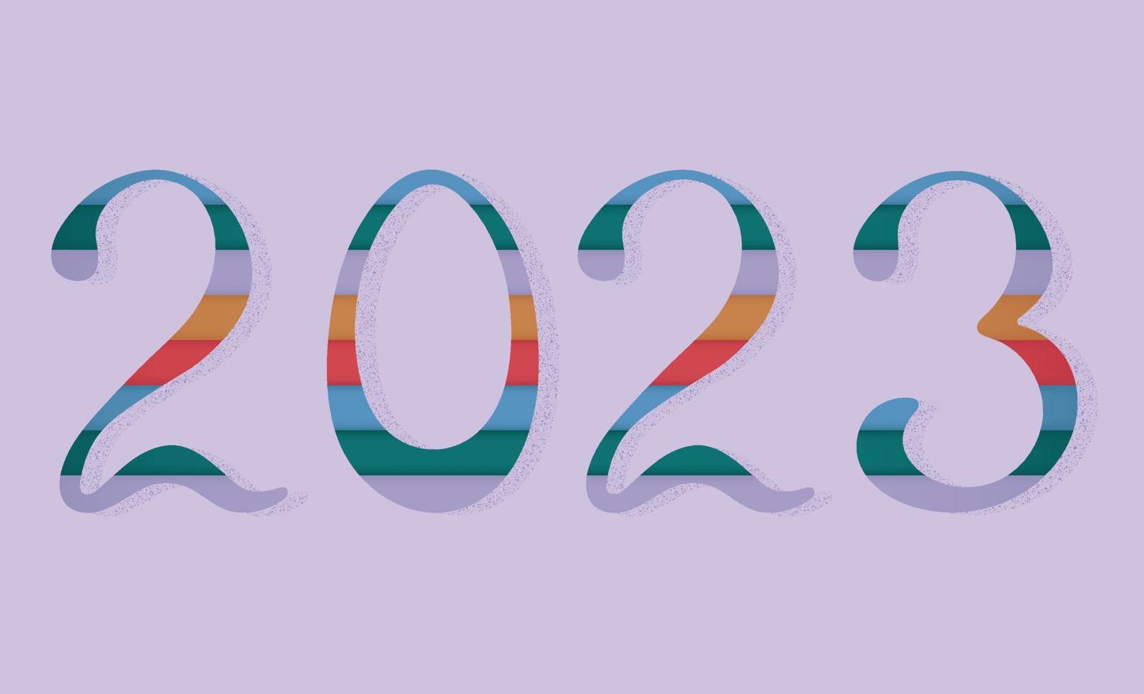 2023 calligraphic inscription in trendy colors of the new year. 3-D shadowed numbers filled with colored strips in the style of cut paper. Vector illustration