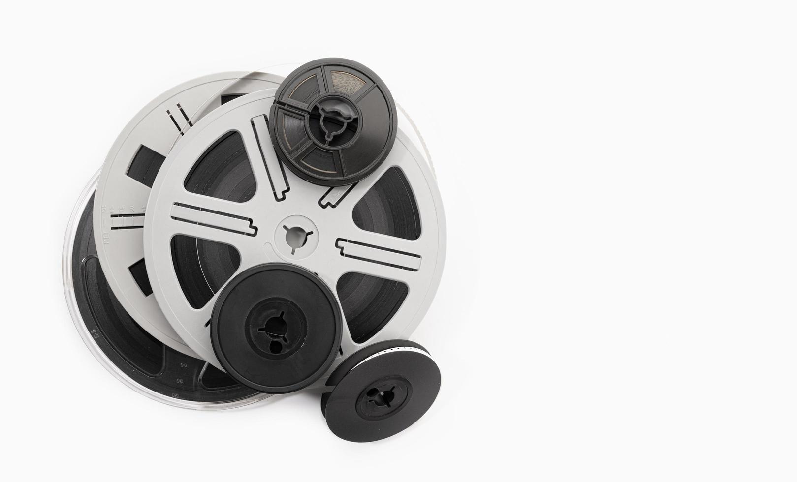 Super 8 film reels isolated on white background. Copy space photo