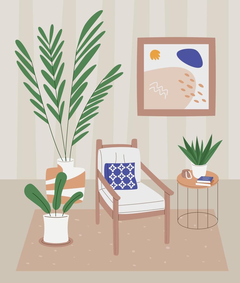 Modern interior with armchair, coffee table and houseplants vector