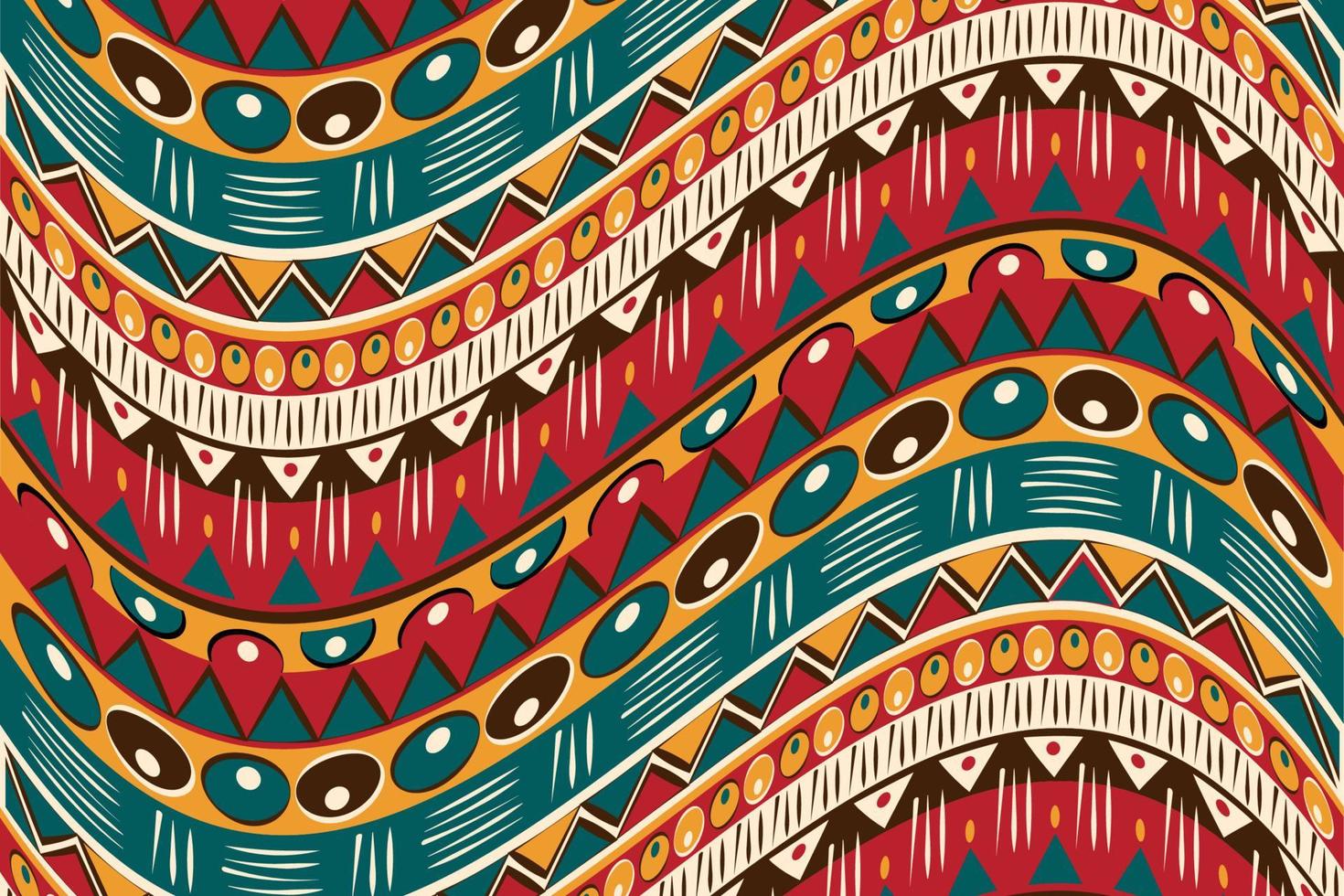 tela de impresión africana, patrón de mosaico de adornos étnicos tribales. Adorno de elementos geométricos hechos a mano para su diseño, estilo de moda textil afro colorido. Vestido envolvente pareo, alfombra batik de fondo vector