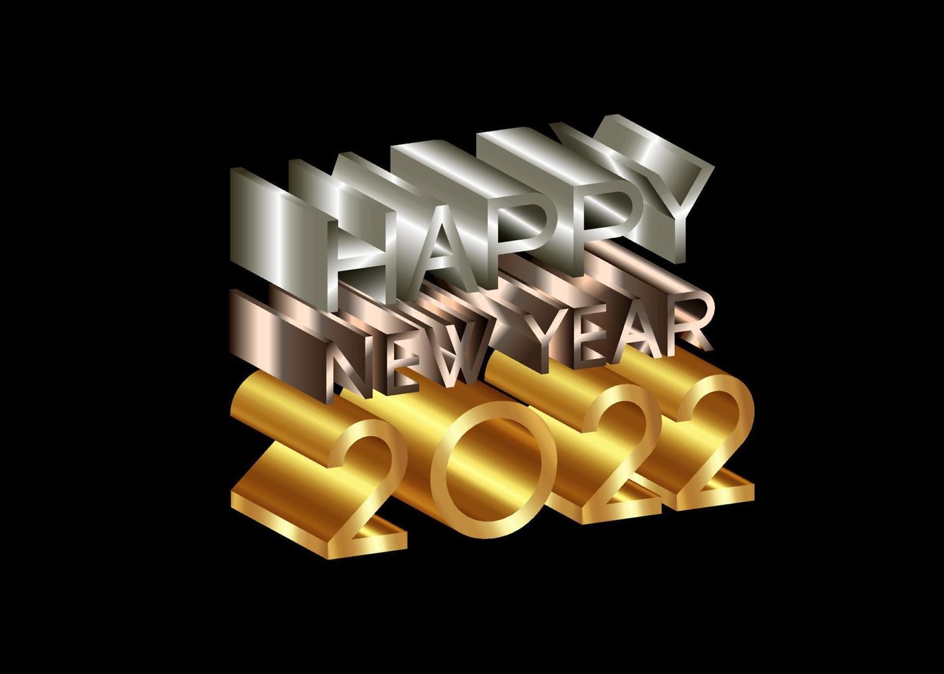 2022 Happy New Year, number and text 3D logo, gold, bronze, silver texture. Holiday greeting card. Vector illustration isolated on black background for banner, invitation, calendar, party, vip card