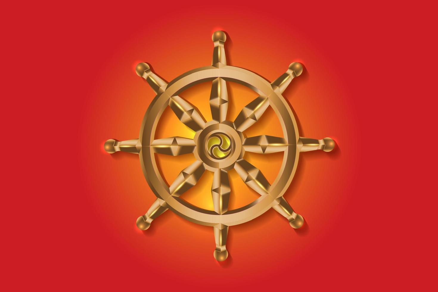 Golden Dharma wheel. Buddhism sacred symbol. Dharmachakra. Vector illustration isolated on colorful background