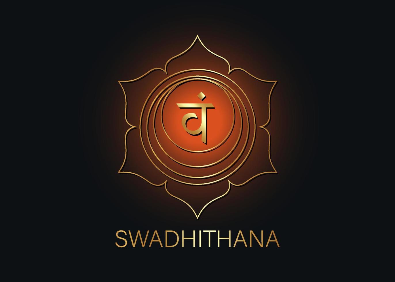 segundo chakra swadhisthana con el mantra semilla sánscrito hindú vam. símbolo de estilo de diseño plano naranja y dorado para meditación, yoga. vector de plantilla de logotipo aislado sobre fondo negro