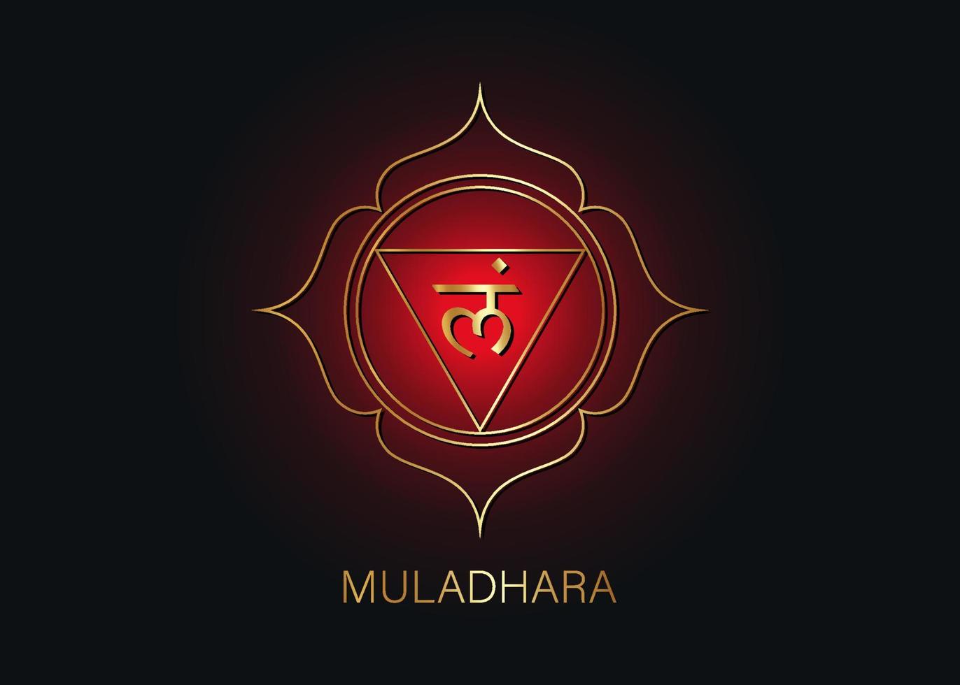 Plantilla de logotipo de chakra muladhara. primer símbolo del chakra raíz. Meditación de signo sacro rojo y dorado, vector de icono de mandala de yoga aislado sobre fondo negro