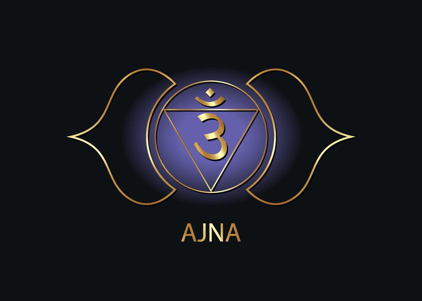 Plantilla de logotipo ajna del chakra del tercer ojo. El sexto chakra frontal, la meditación del signo de oro sacro, el vector de icono de mandala redondo azul y púrpura de yoga aislado sobre fondo negro