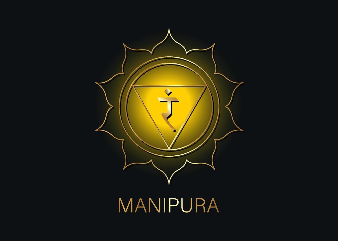 Manipura, solar plexus chakra symbol. Yellow ang gold logo template, colorful mandala. Spiritual meditation element vector illustration isolated on black background