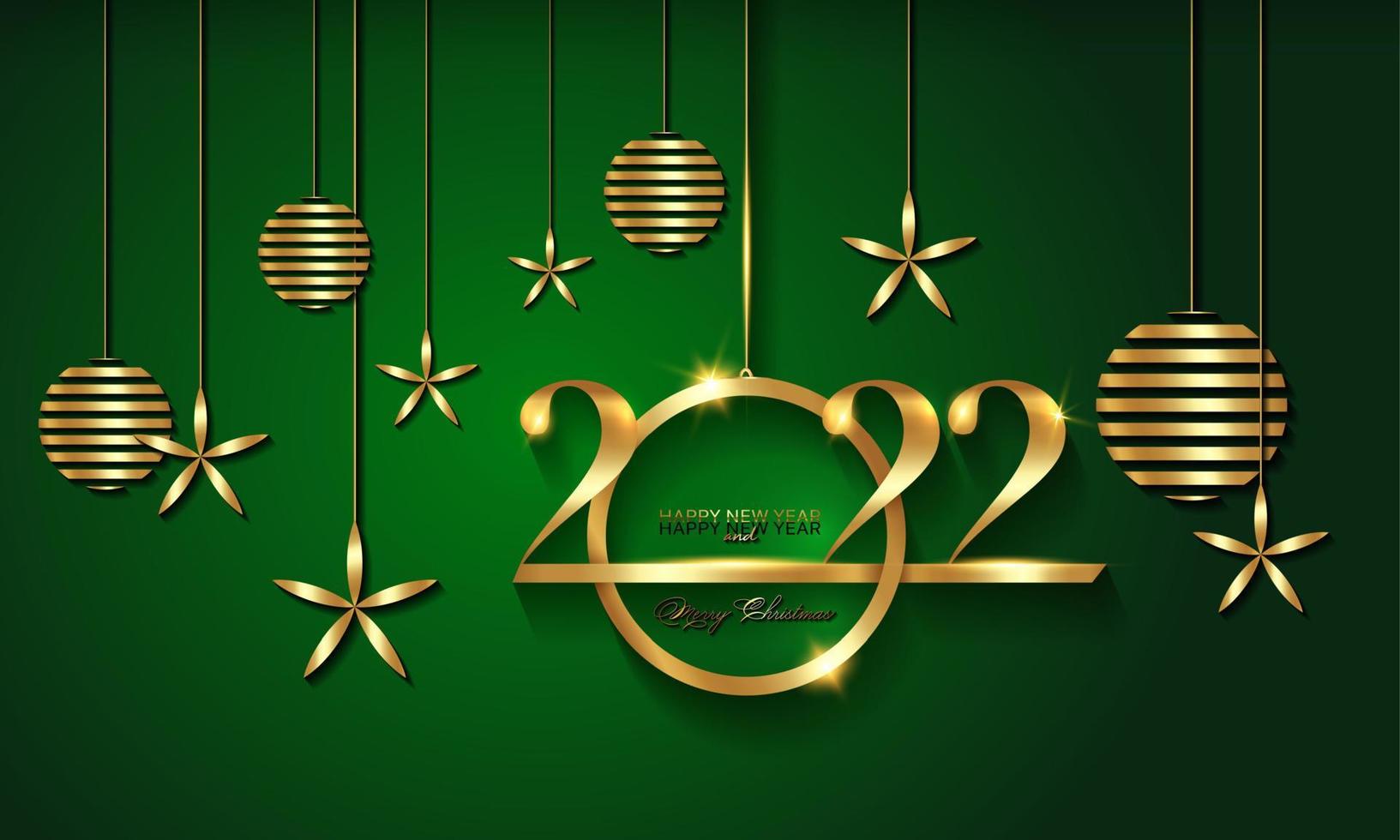 2022 Christmas luxury holiday banner with gold handwritten Merry Christmas and Happy New Year, gold colored Christmas balls. Vector illustration isolated on green background