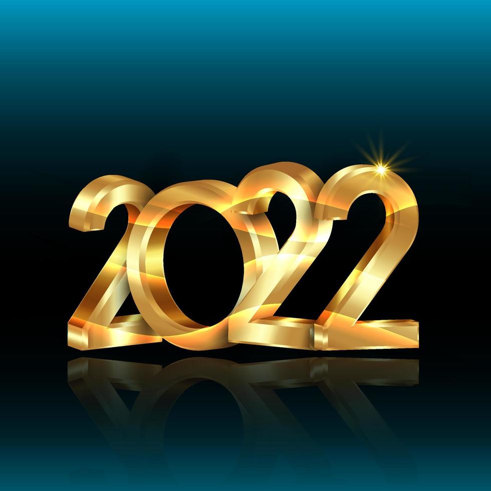 2022 golden 3D numbers, Happy New Year. Square banner Christmas theme. Holiday design for greeting card, invitation, calendar, party, gold luxury vip, vector isolated on blue background