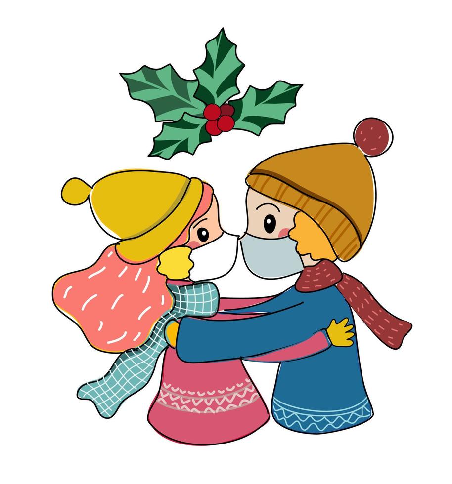 pareja con mascarilla y dibujos animados de ropa de invierno vector