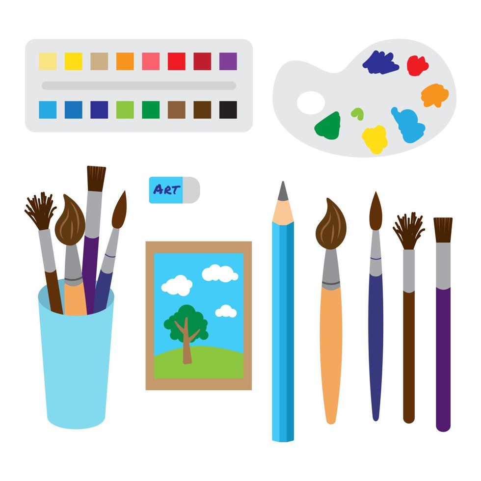 gran set o material de arte para pintar y dibujar. diferentes pinceles, goma de borrar, lápiz, pinturas, paleta de colores y pintura. bienes para artista y persona creativa. educación y desarrollo infantil vector