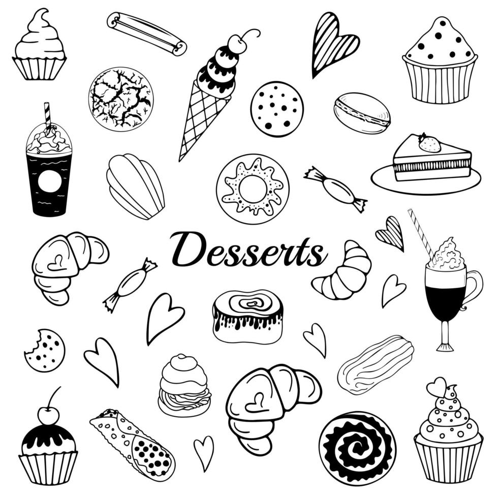Cafe collection hand drawn doodle elements. sweets and candies set. Vector illustration for backgrounds, web design, design elements, textile prints, covers, posters, menu