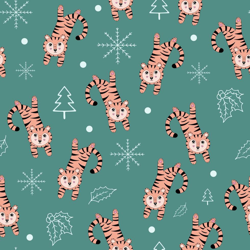 Cute tigers, hand-drawn background. Colorful seamless pattern with tigers. Decorative cute wallpaper suitable for printing. Overlapping background vector. vector