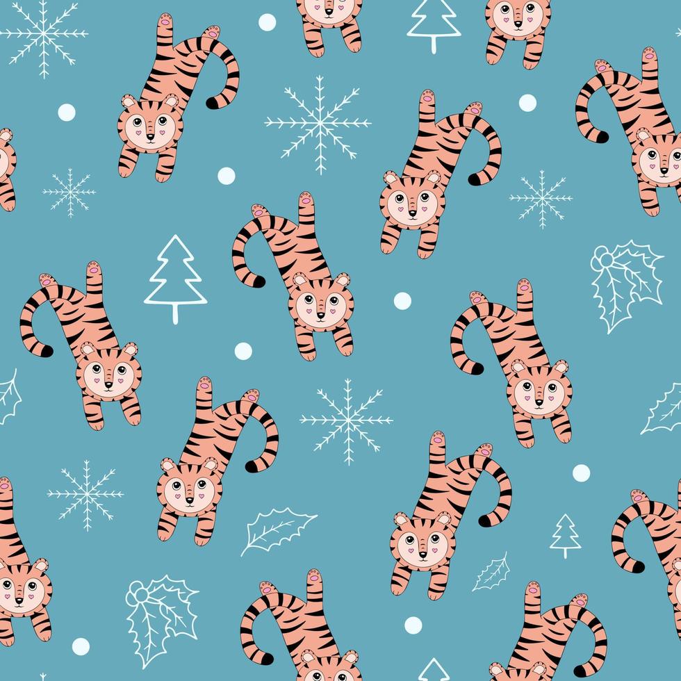 Cute tigers, hand-drawn background. Colorful seamless pattern with tigers. Decorative cute wallpaper suitable for printing. Overlapping background vector. vector